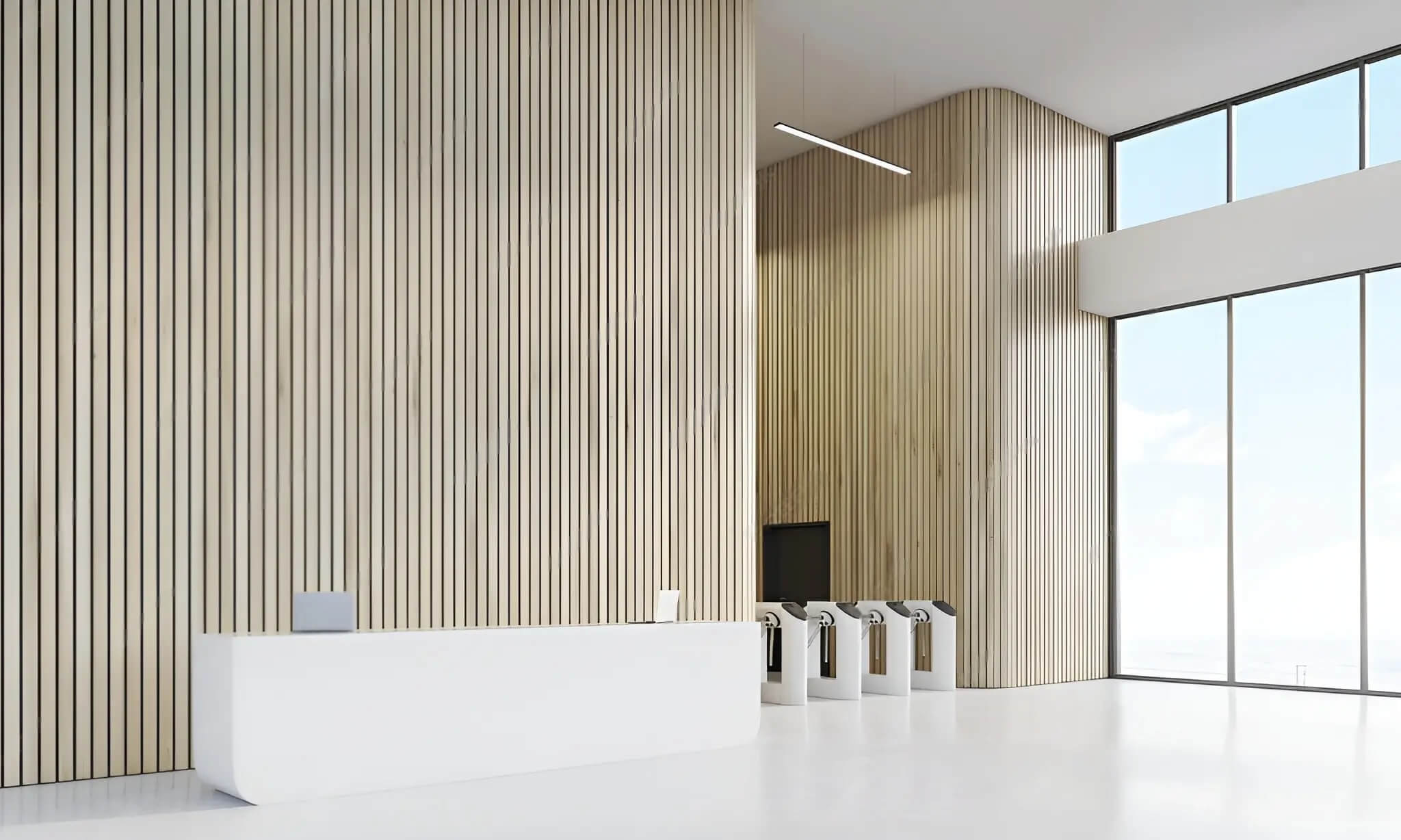 Fluted wall panels used as a hotel reception or showroom backdrop.