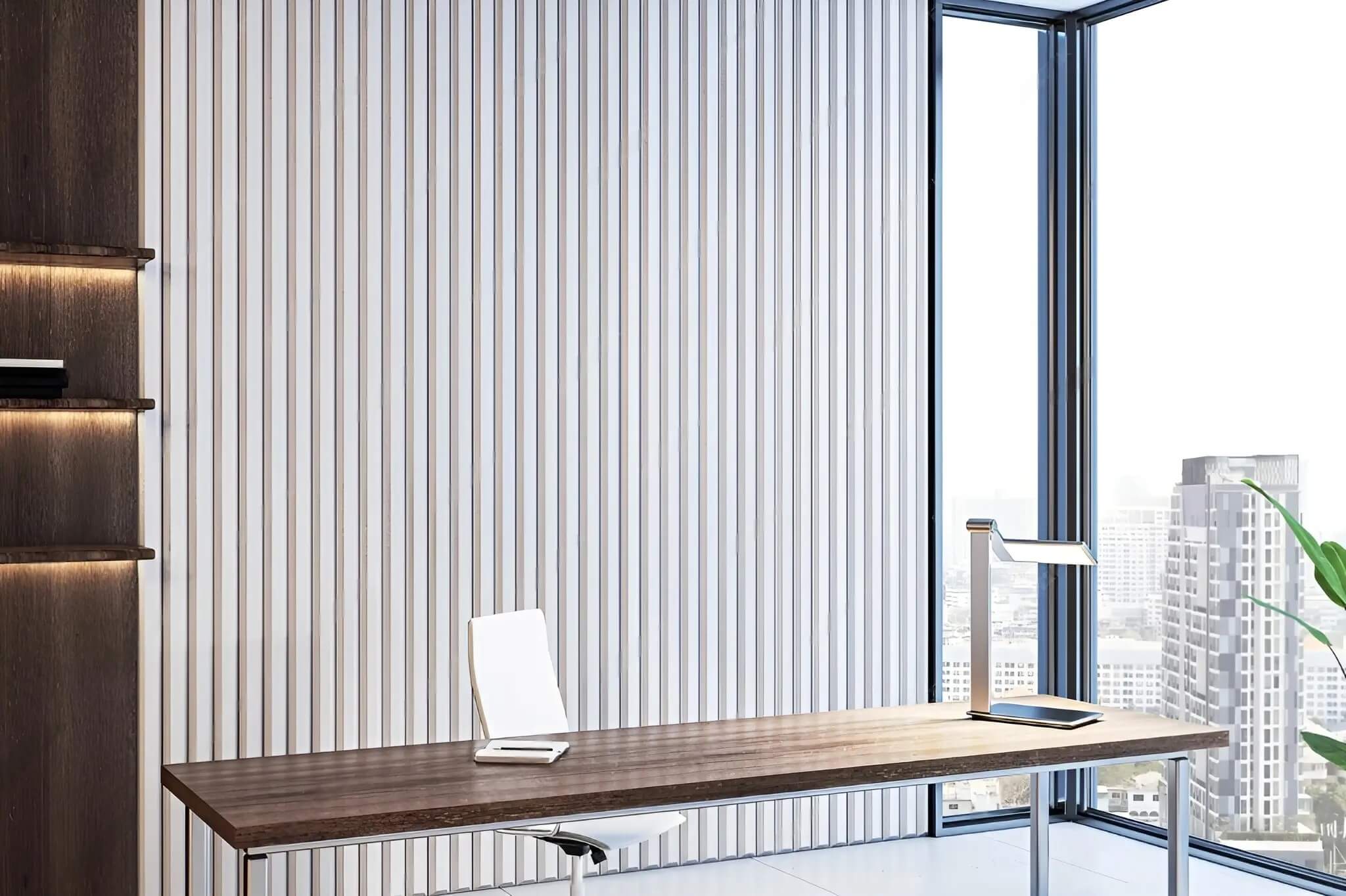 Fluted wall panels used on an office or meeting room statement wall.