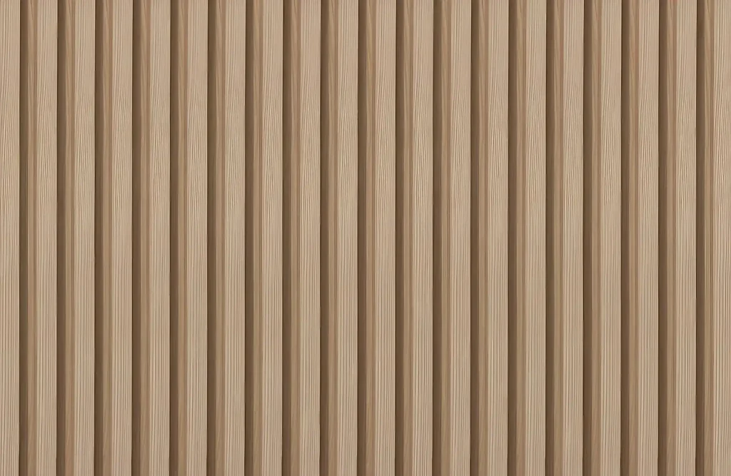 Close-up of fluted wall panels with vertical grooves and textured shadow lines.
