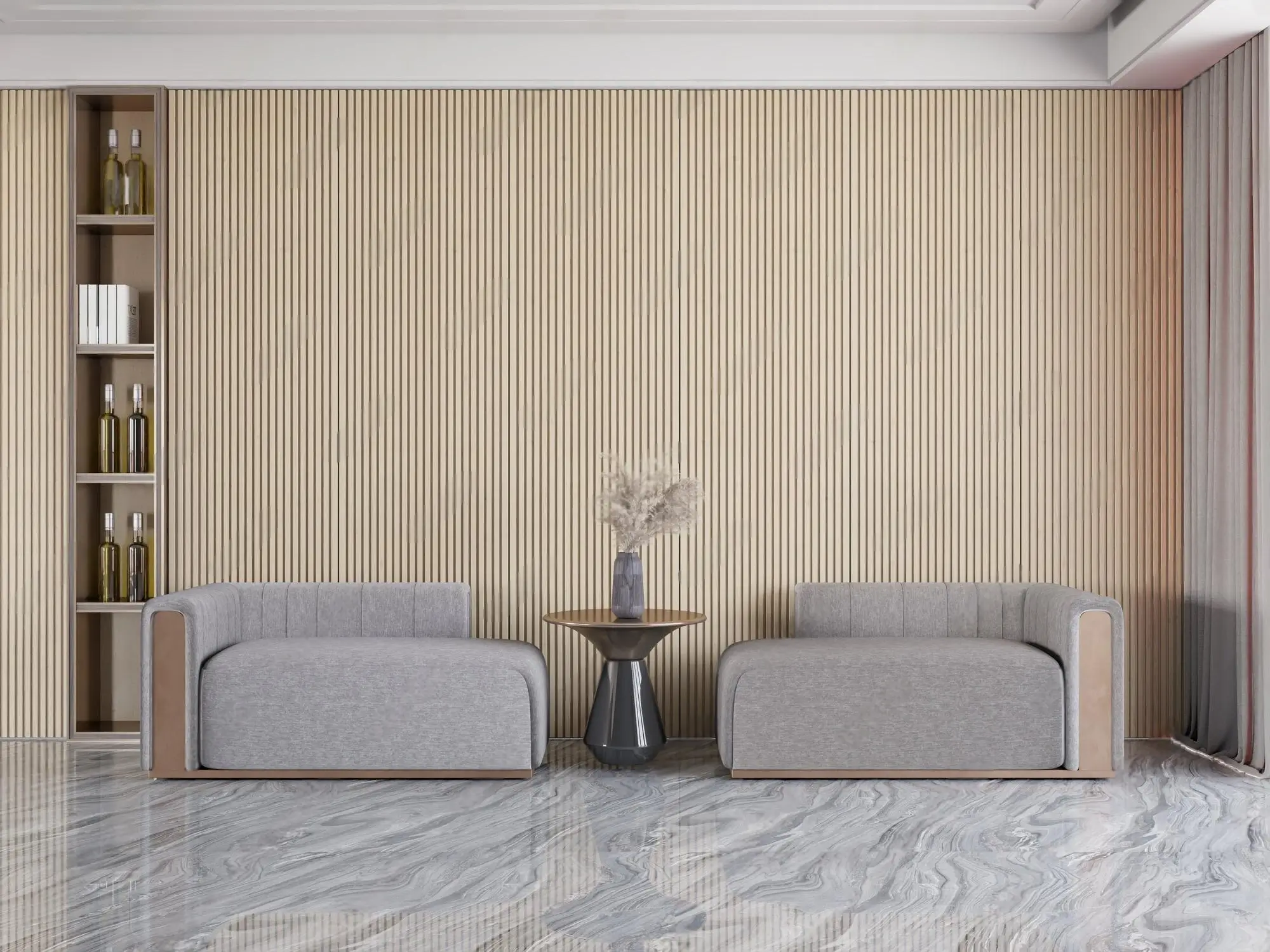 Fluted wall panel behind a TV feature wall in a modern living room.