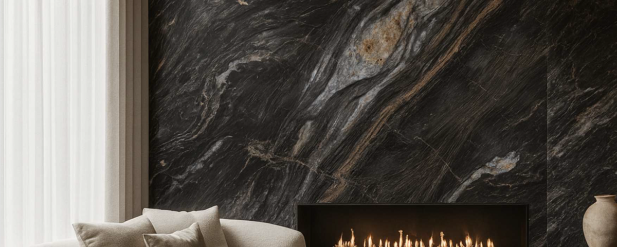 Luca StoneX Black Gold sintered stone feature wall with fireplace in modern living room