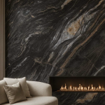 Luca StoneX Black Gold sintered stone feature wall with fireplace in modern living room