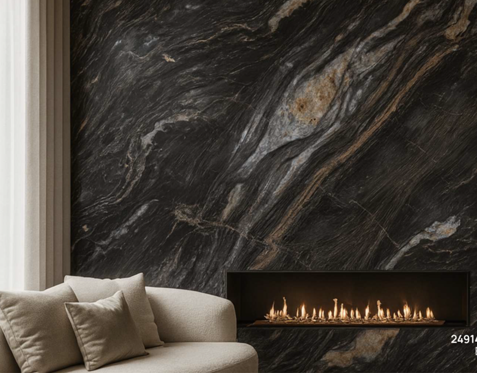 Luca StoneX Black Gold sintered stone feature wall with fireplace in modern living room