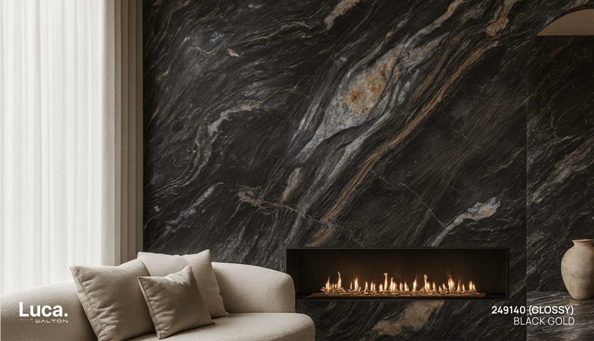 Luca StoneX Black Gold sintered stone feature wall with fireplace in modern living room