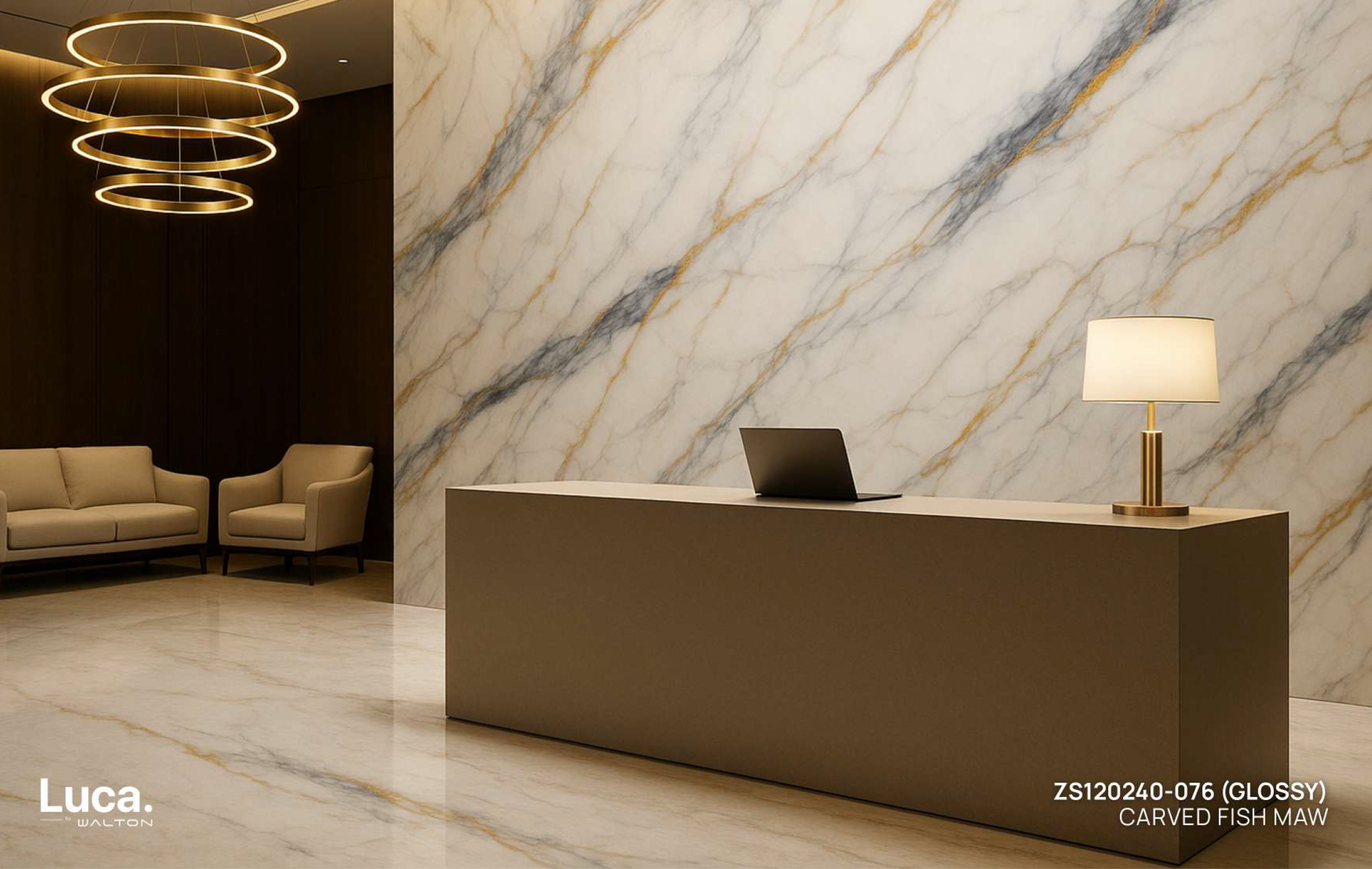 Luca StoneX Carved Fish Maw sintered stone wall panel in commercial reception lobby