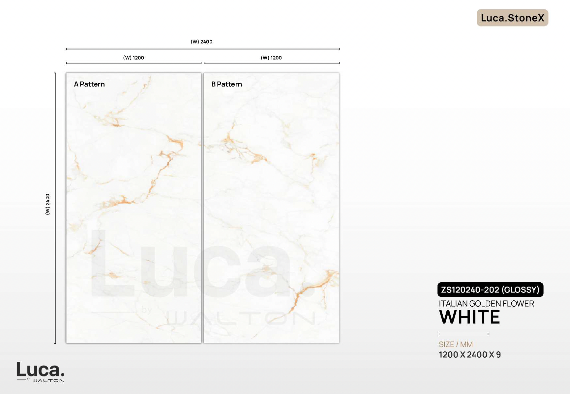 Luca StoneX sintered stone panel dimensions showing 1200 x 2400mm at 9mm thickness with A and B pattern layout