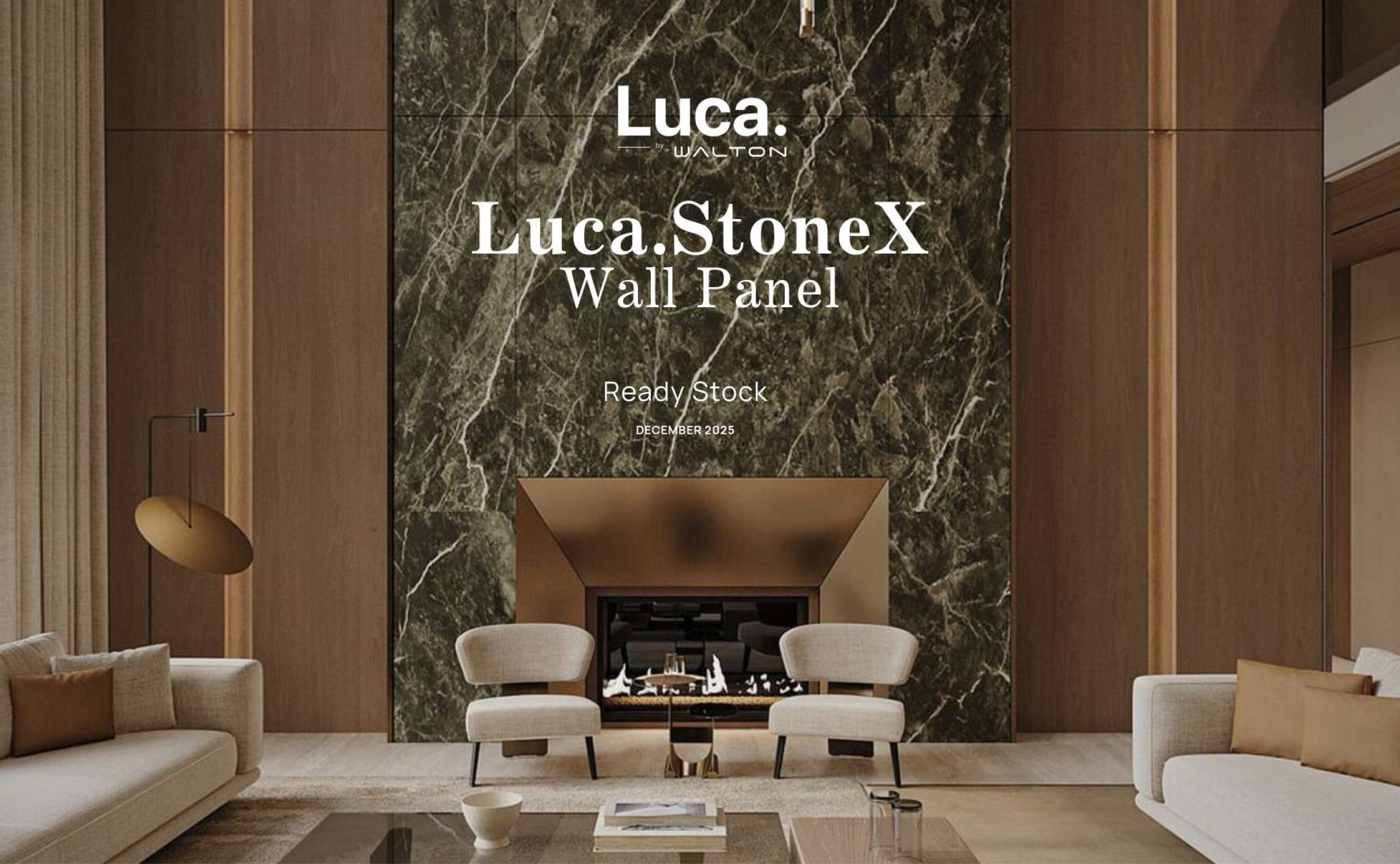 Luca StoneX green marble sintered stone feature wall panel in luxury living room interior
