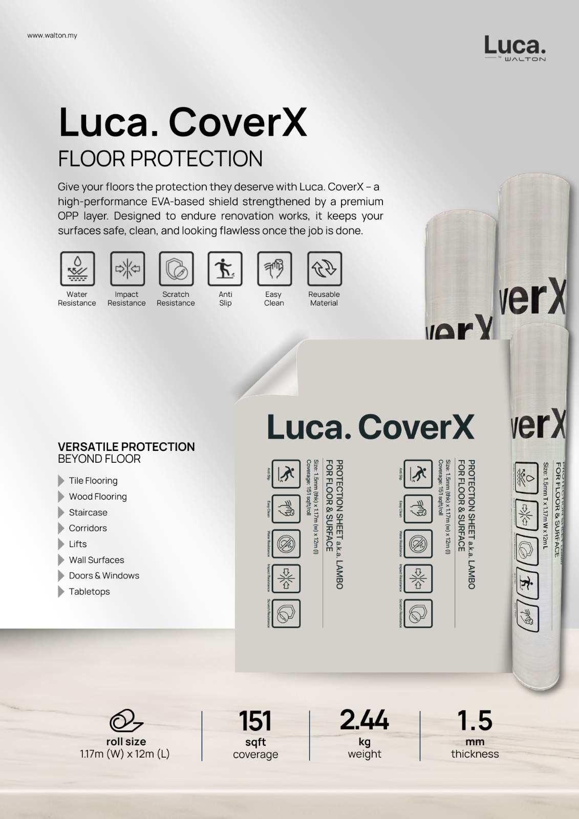 Luca CoverX floor and surface protection sheet rolls for renovation works in Malaysia