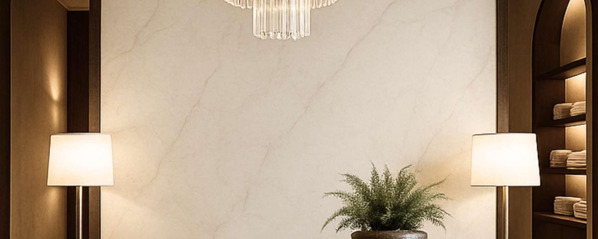 Sintered stone wall cladding in a Malaysian luxury hotel reception lobby