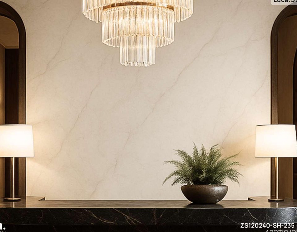 Sintered stone wall cladding in a Malaysian luxury hotel reception lobby