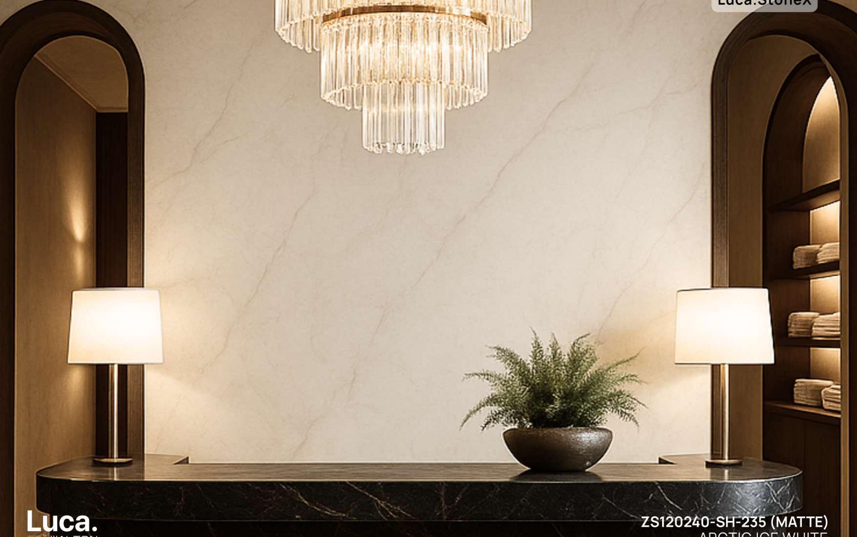 Sintered stone wall cladding in a Malaysian luxury hotel reception lobby